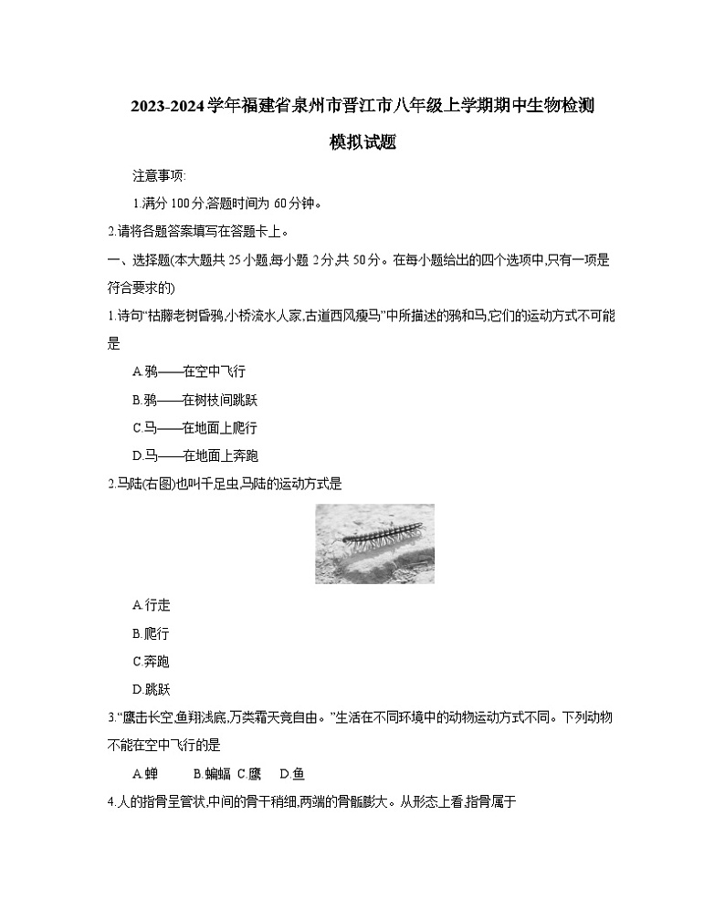 2023-2024学年福建省泉州市晋江市八年级上册期中生物检测模拟试题（附答案）第1页