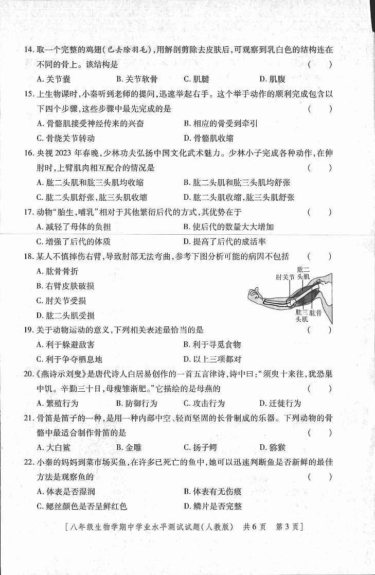 陕西省延安市富县2023-2024学年八年级上学期期中考试生物试题第2页