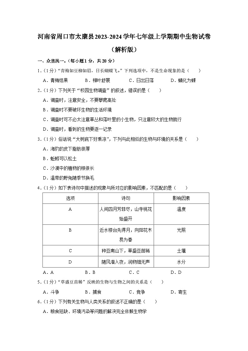 河南省周口市太康县2023-2024学年七年级上学期期中生物试卷01