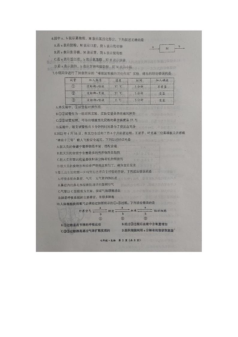 内蒙古赤峰市翁牛特旗2021-2022学年七年级下学期期末生物测试第2页