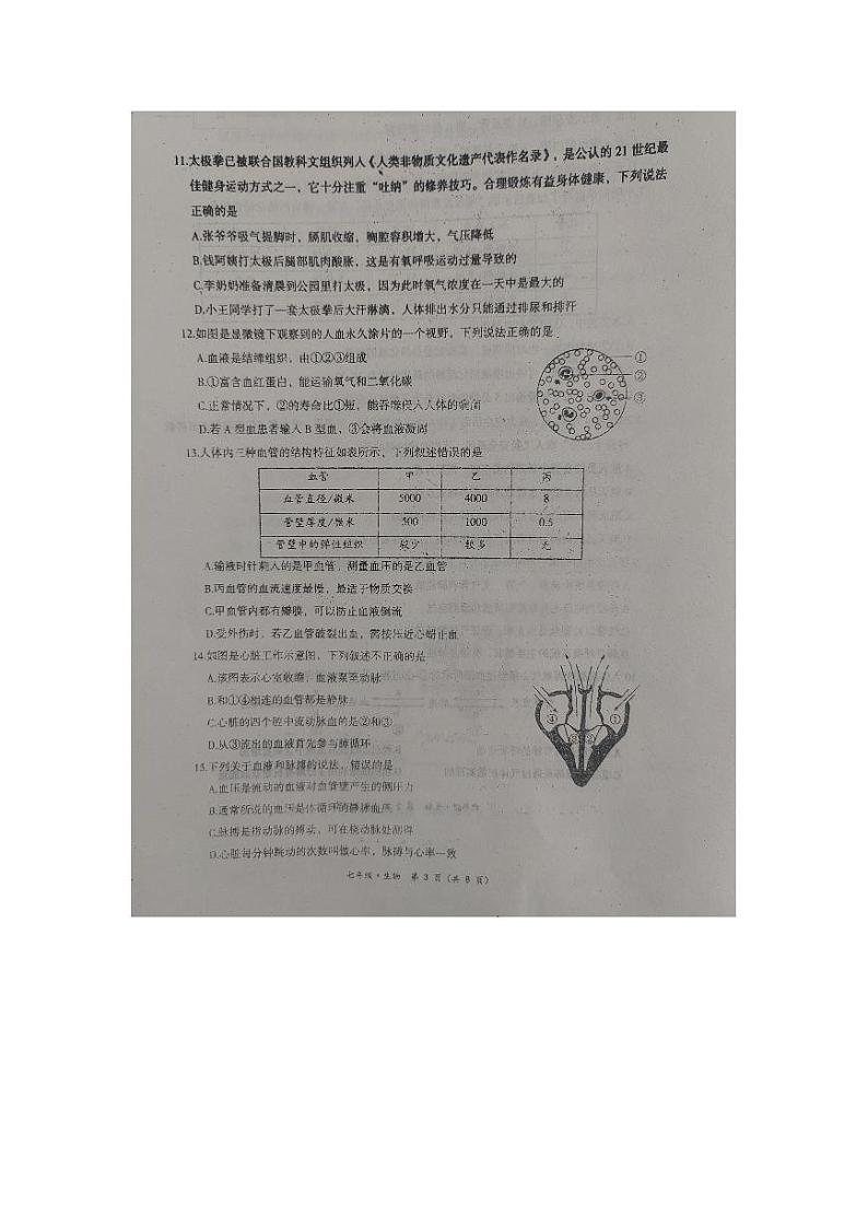 内蒙古赤峰市翁牛特旗2021-2022学年七年级下学期期末生物测试第3页