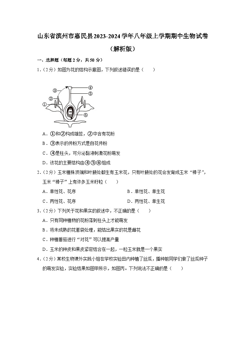 山东省滨州市惠民县2023-2024学年八年级上学期期中生物试卷第1页