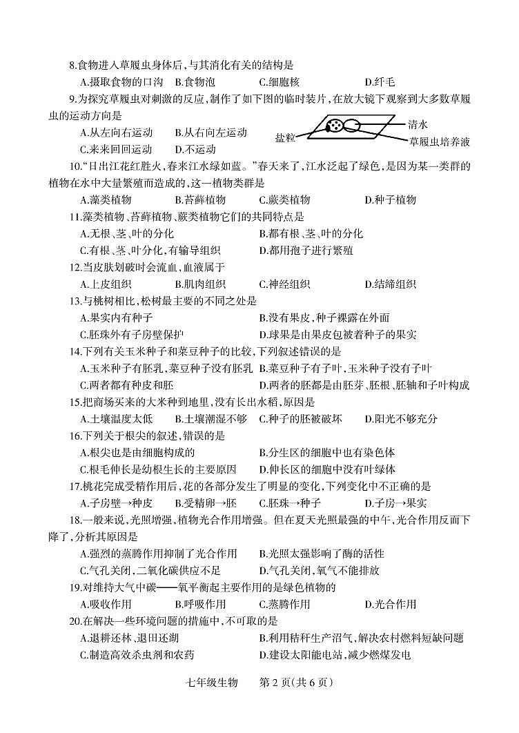 河南省焦作市温县2020-2021学年七年级上学期期末生物试卷第2页
