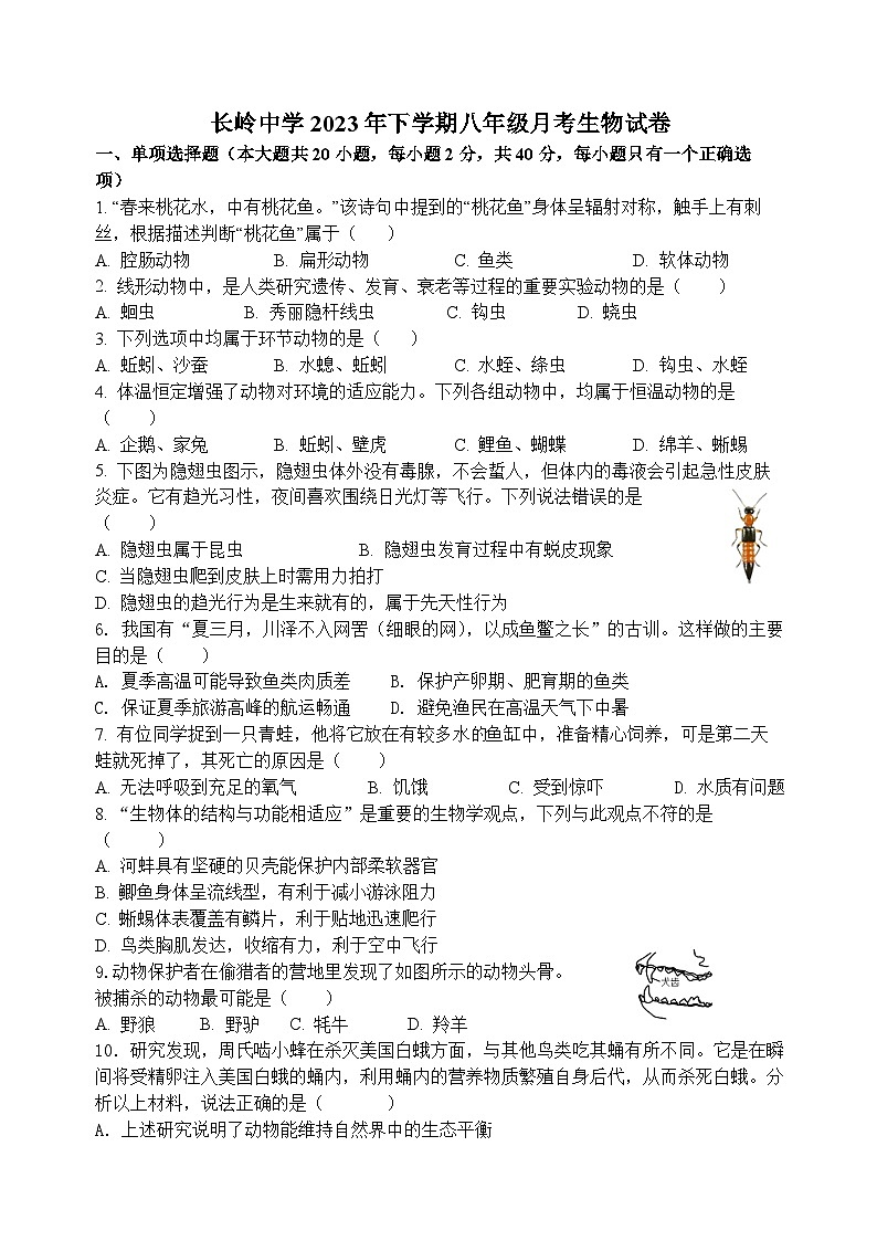 湖南省岳阳市岳阳县岳阳经济技术开发区长岭中学2023-2024学年八年级上学期12月月考生物试题第1页