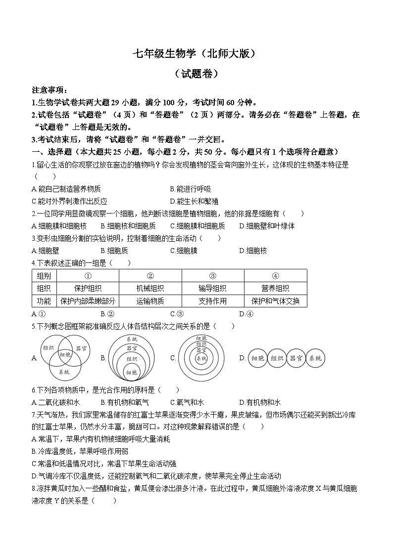 安徽省宿州市砀山县2023-2024学年七年级上学期12月质量调研生物试题01