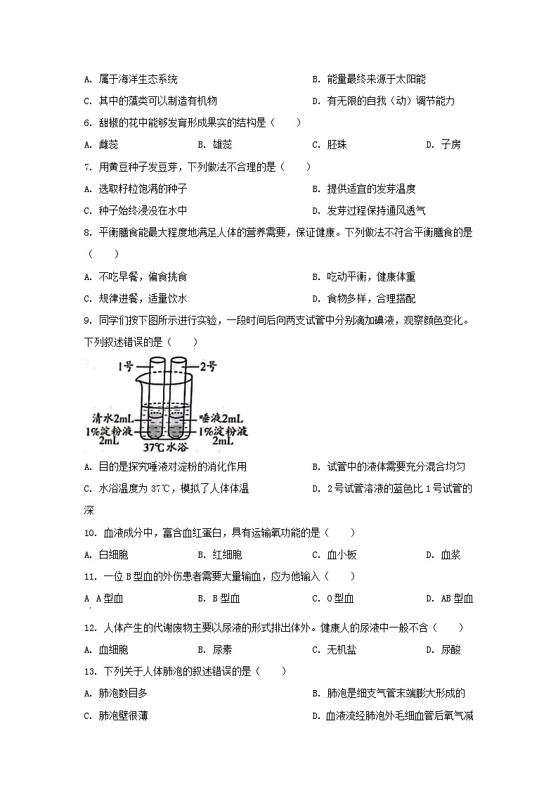 2023年北京通州中考生物真题及答案02