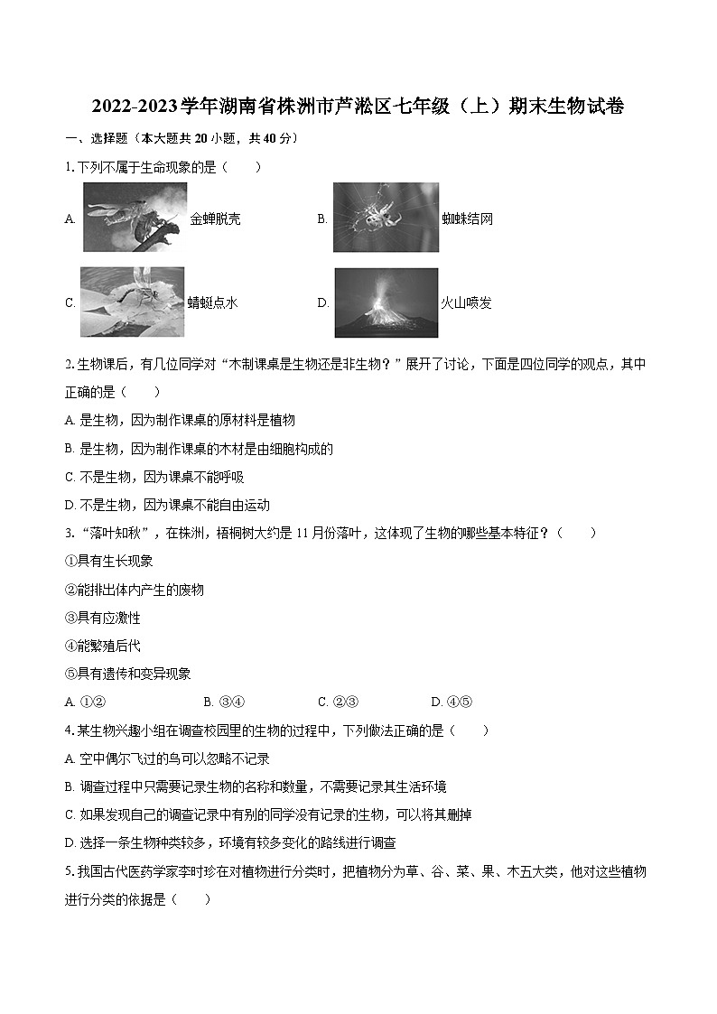 2022-2023学年湖南省株洲市芦淞区七年级（上）期末生物试卷(含答案解析)01