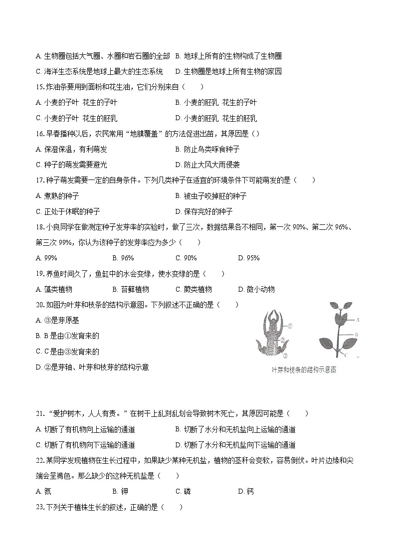 2022-2023学年安徽省芜湖市七年级（上）期末生物试卷(含答案解析)03