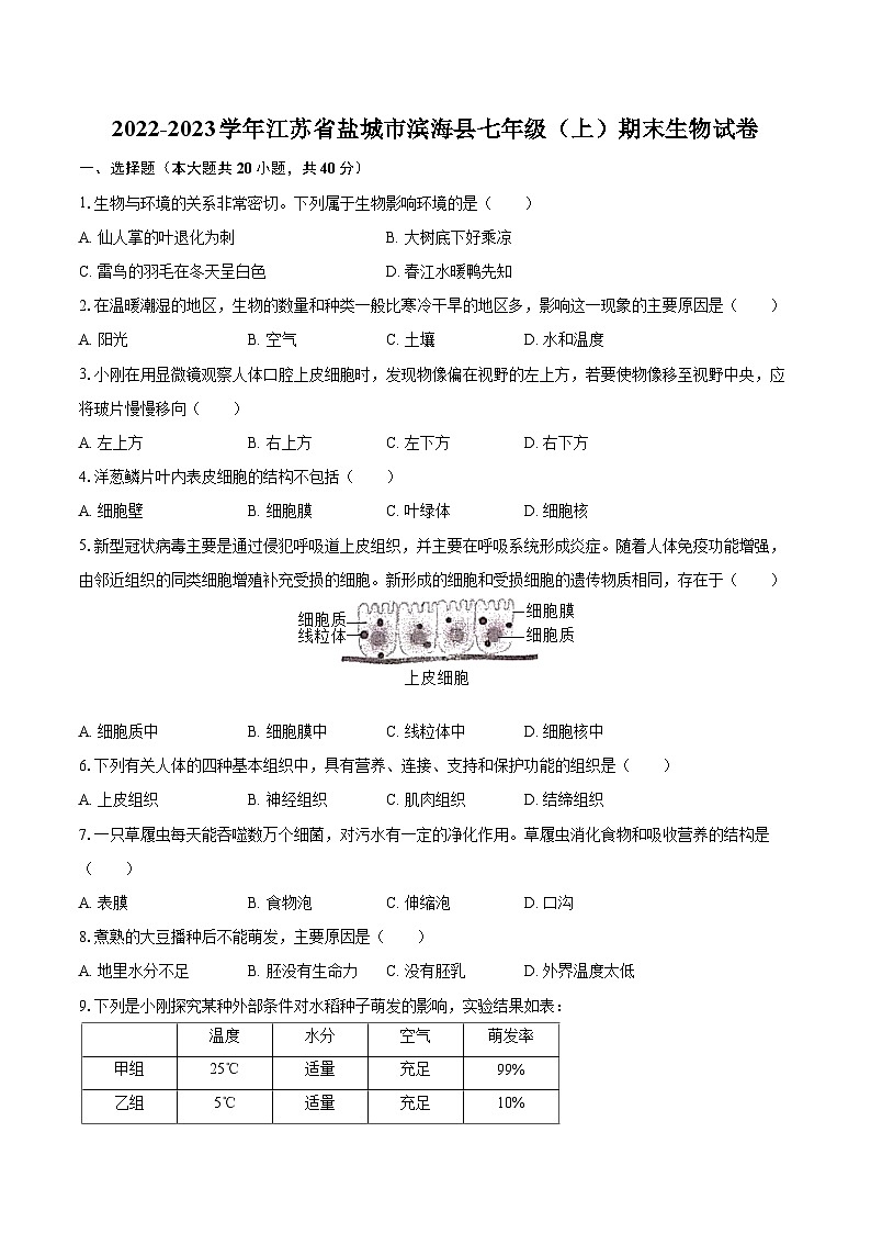 2022-2023学年江苏省盐城市滨海县七年级（上）期末生物试卷（含答案解析）01