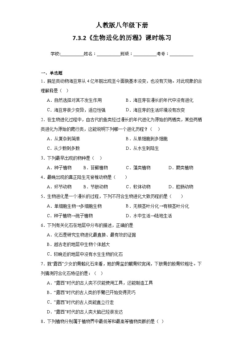 【核心素养】人教版八年级下册7.3.2《生物进化的历程》课件＋课时练习＋教案（含教学反思）01