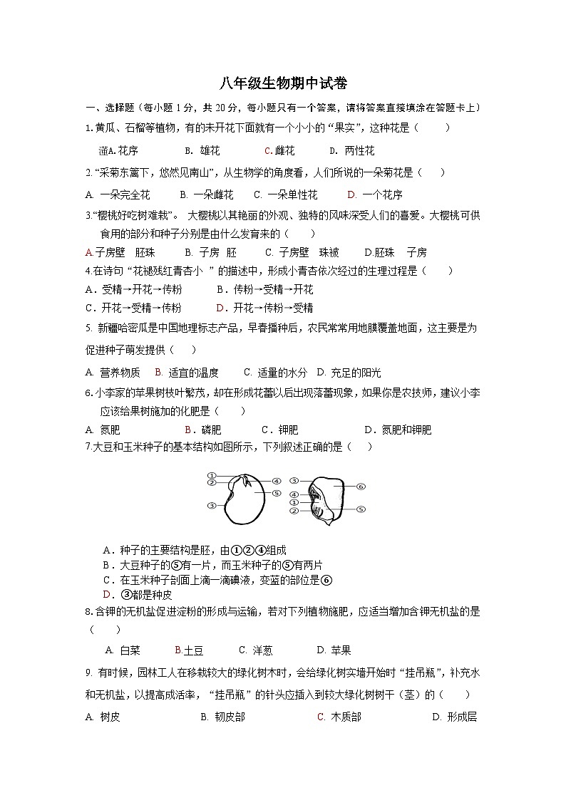 山东省菏泽市巨野县2023-2024学年八年级上学期期中考试生物试题01