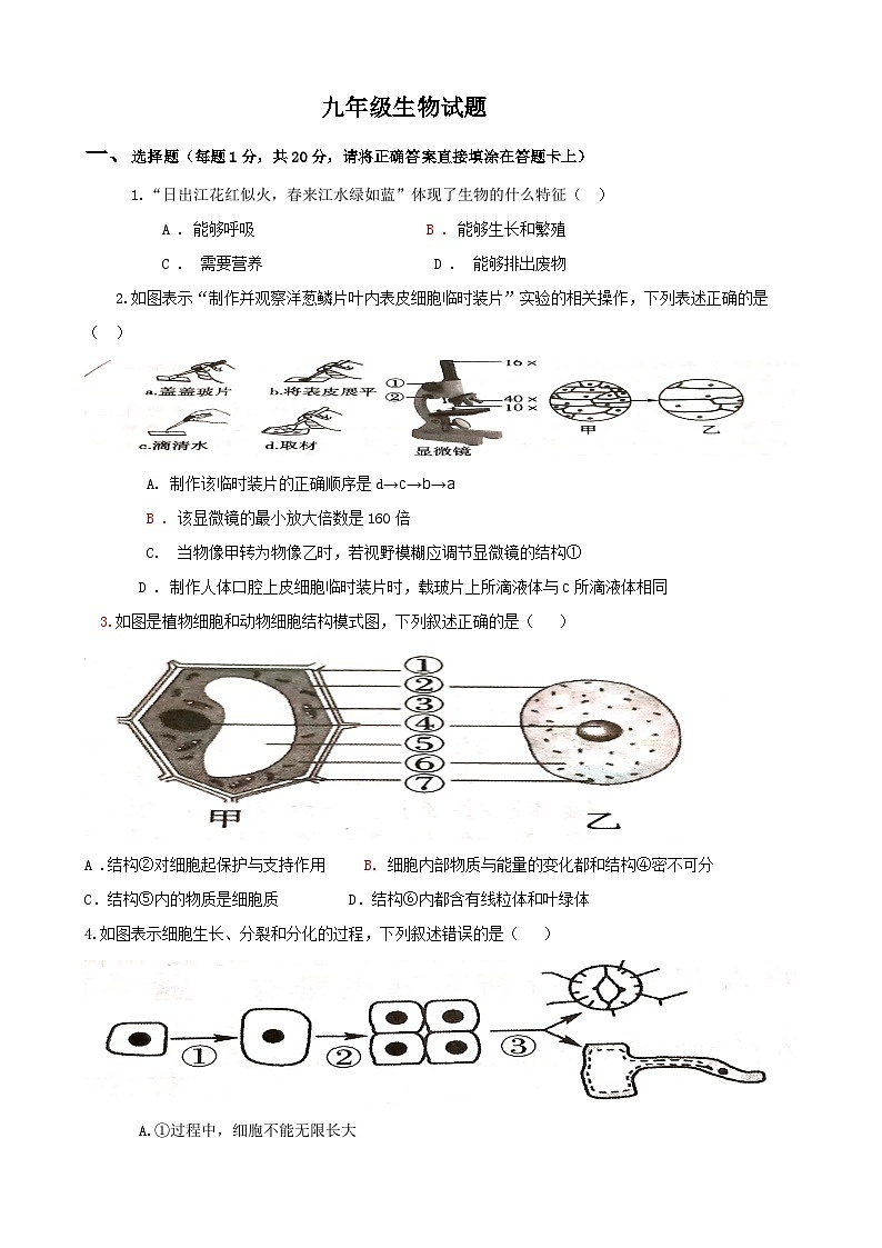 山东省菏泽市巨野县2023-2024学年九年级上学期期中考试生物试题01