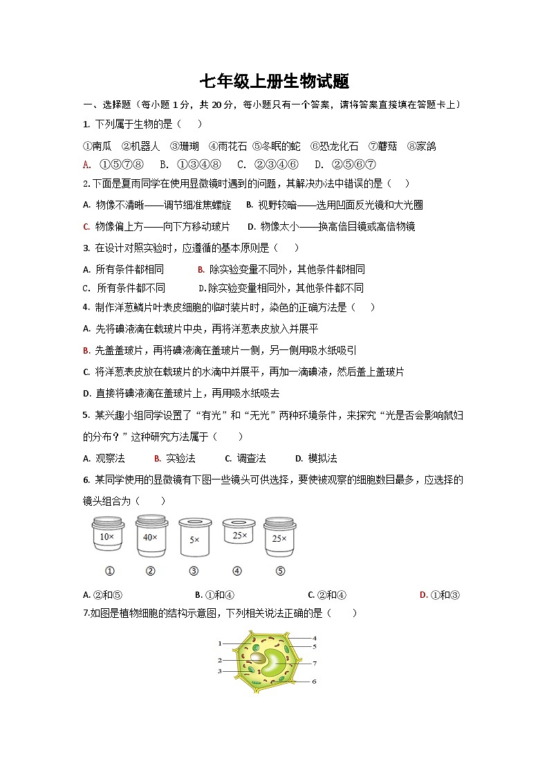 山东省菏泽市巨野县2023-2024学年七年级上学期期中考试生物试题01