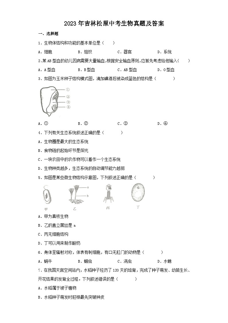 2023年吉林松原中考生物真题及答案01