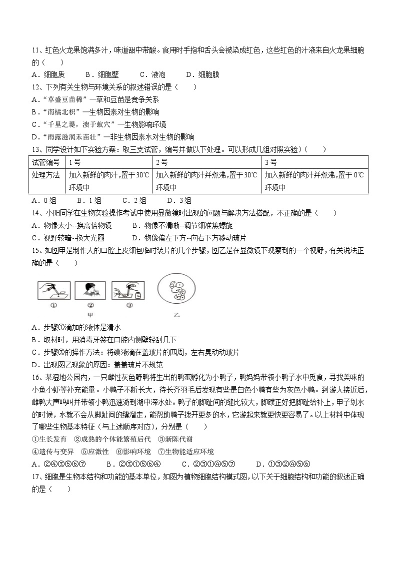 江苏省盐城市射阳外国语学校2023-2024学年七年级上学期期中考试生物试卷第2页