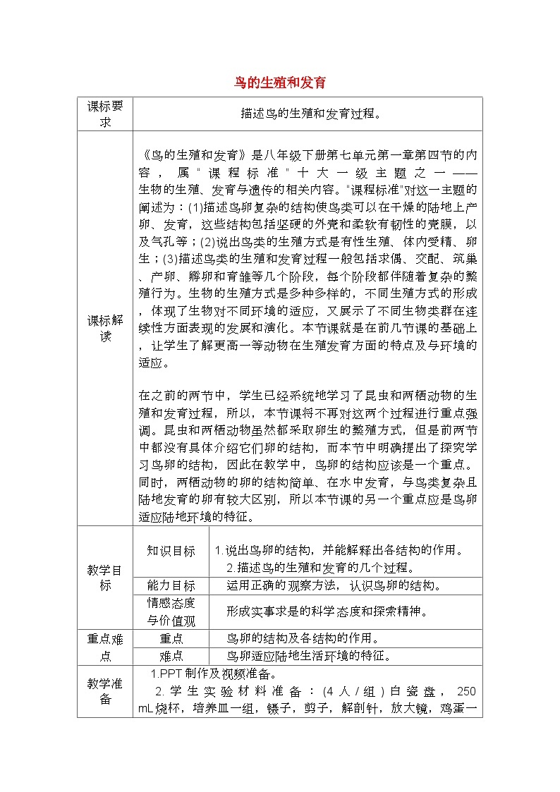 人教版生物八年级下册7.1.4鸟的生殖和发育学案01