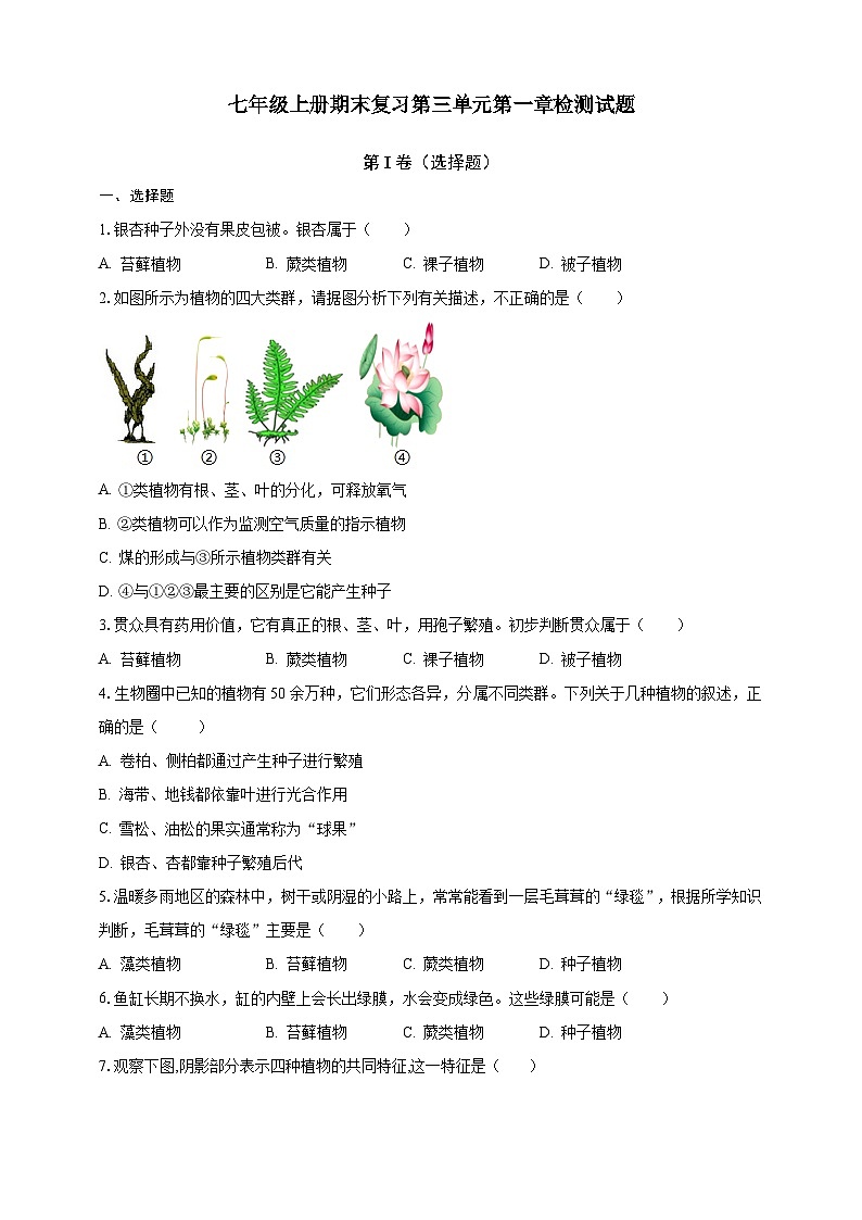 【期末复习】人教版 初中生物 七年级上册期末复习第三单元第一章素养检测试题（原卷 解析卷）.zip01