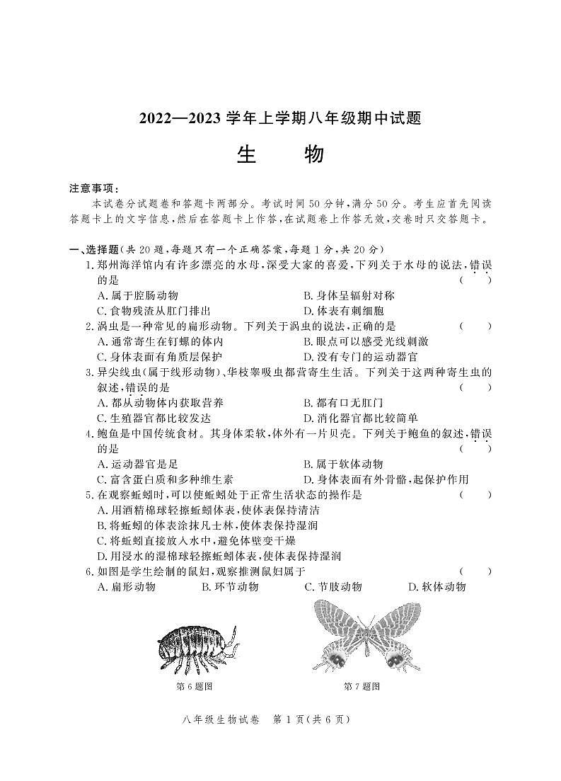 河南省郑州市第四十七初级中学2022-2023学年八年级上学期11月期中生物试题第1页