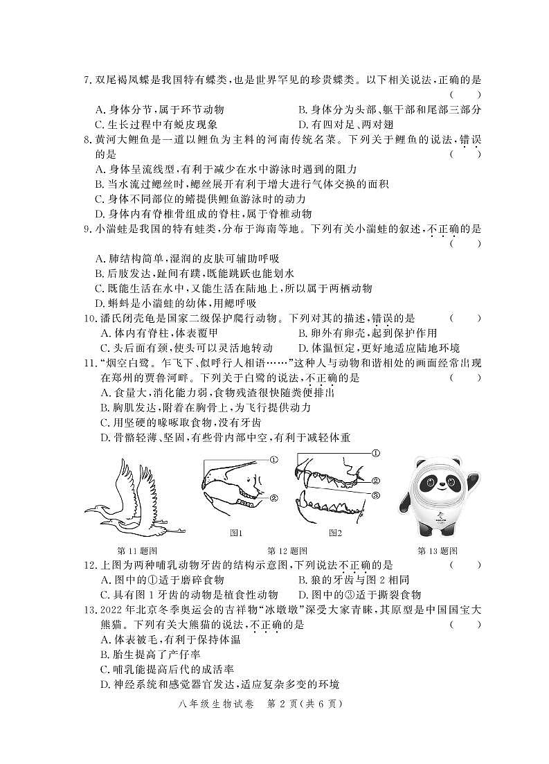 河南省郑州市第四十七初级中学2022-2023学年八年级上学期11月期中生物试题第2页