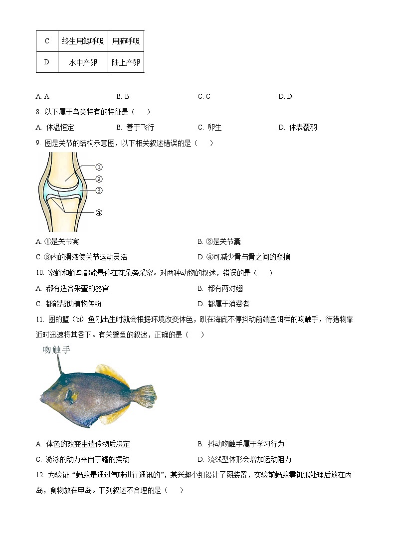 福建省漳州市2022-2023学年八年级上学期期末（A）生物试题02