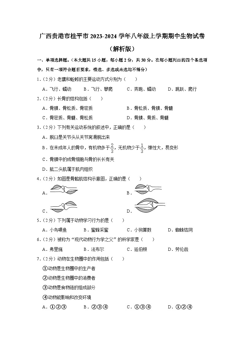 广西贵港市桂平市2023-2024学年八年级上学期期中生物试卷+第1页