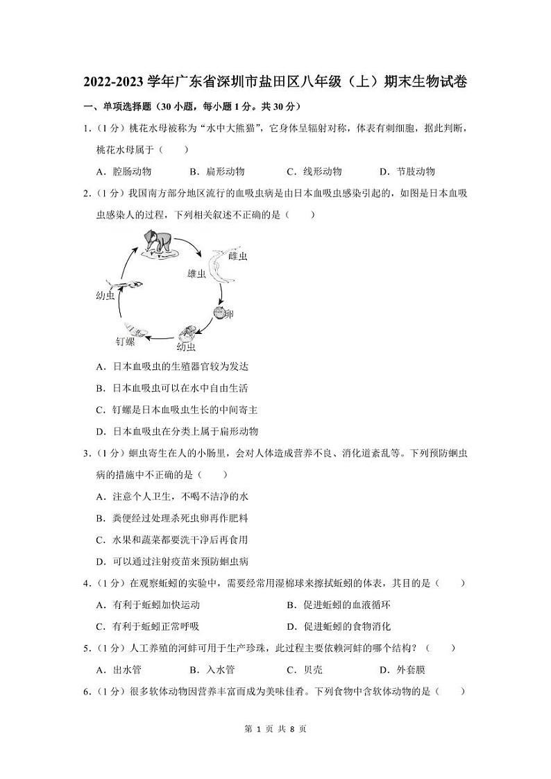 2022-2023深圳盐田区八年级（上）期末生物试卷第1页
