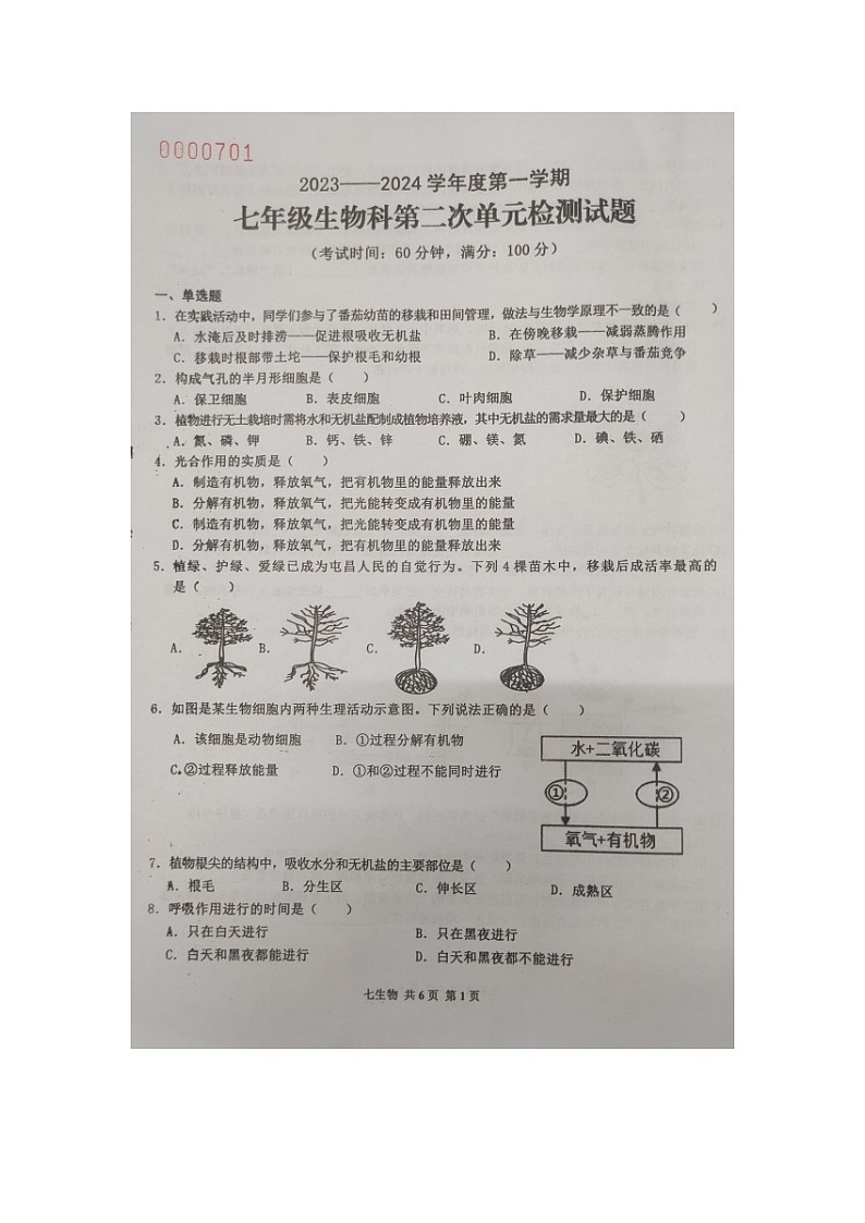 海南省屯昌县2023-2024学年七年级上学期第二次学业检测（12月）生物试题01