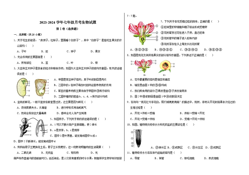山东省聊城市东阿县第三中学2023-2024学年七年级上学期12月月考生物试题01