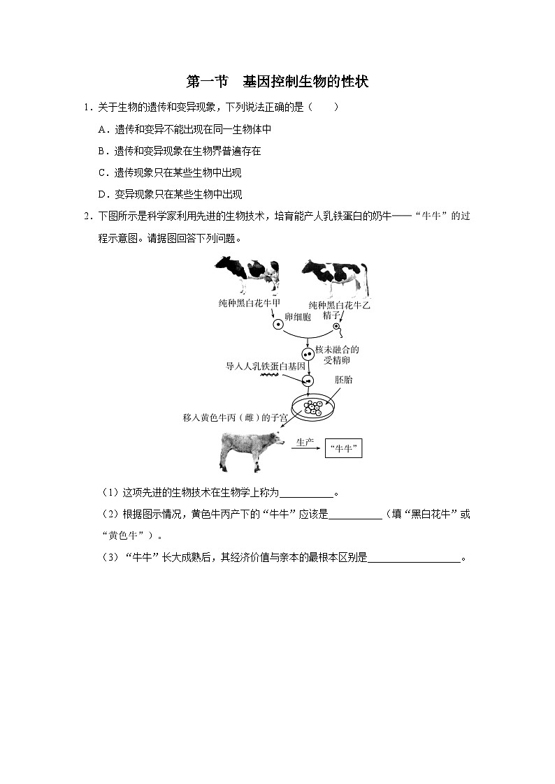 人教版八下生物  7.2.1 基因控制生物的性状 课件+教案+分层练习+导学案01