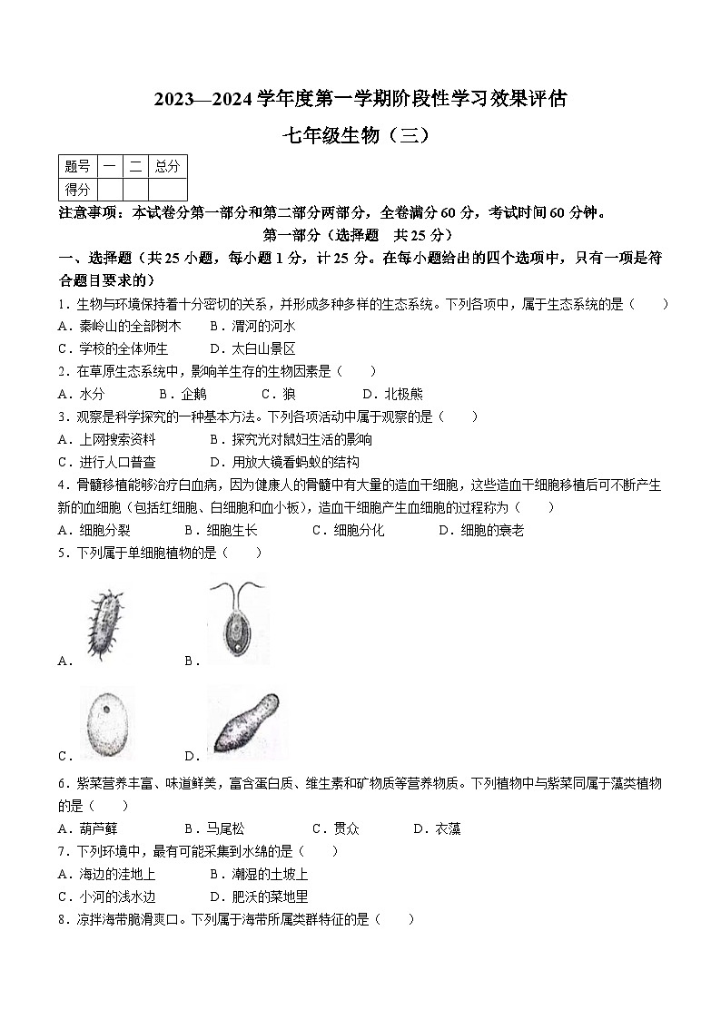 陕西省商洛市山阳县第二初级中学2023-2024学年七年级上学期第二次月考生物试卷01