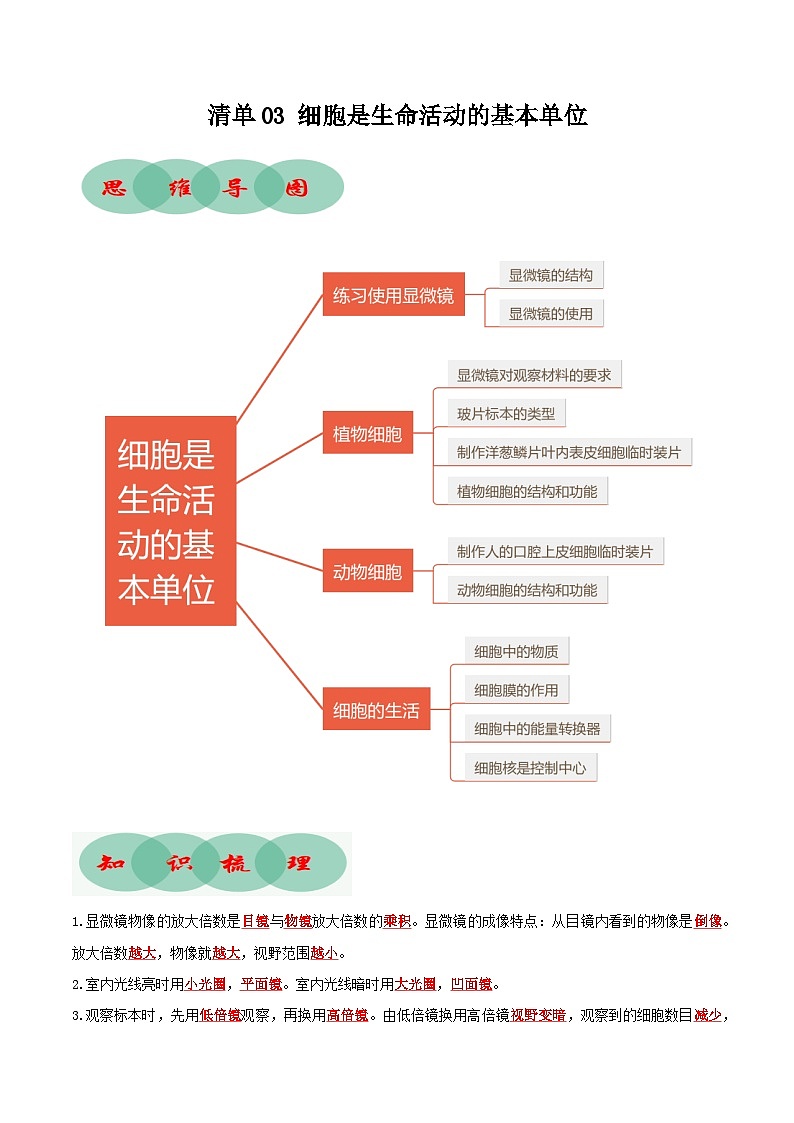 清单03 细胞是生命活动的基本单位（知识清单）- 2023-2024学年七年级生物上学期期末考点大串讲（人教版）第1页