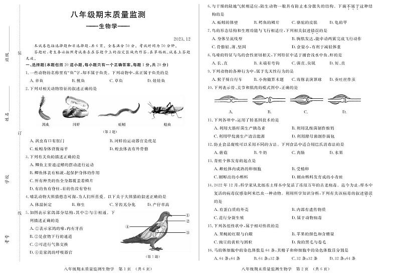 吉林省长春市宽城区2023-2024学年八年级上学期期末考试生物试题01