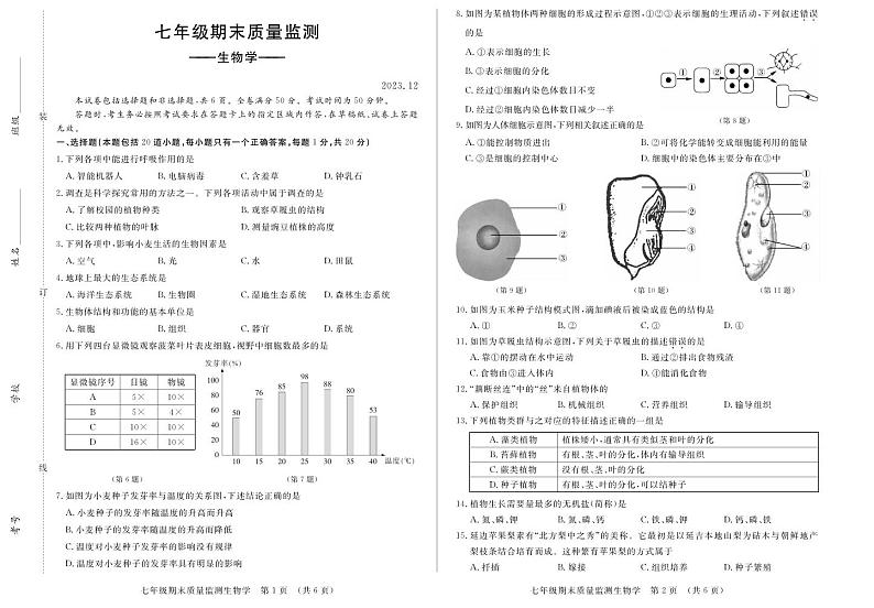吉林省长春市宽城区2023-2024学年七年级上学期期末考试生物试题第1页