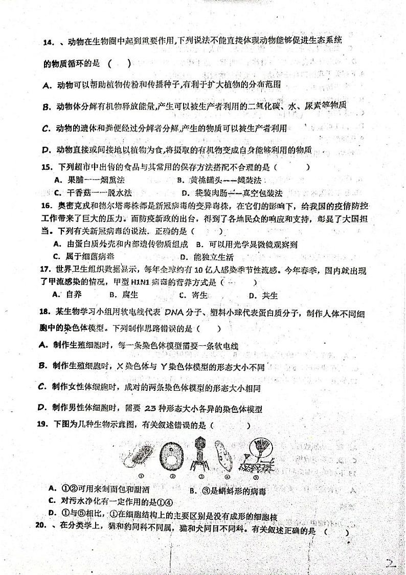 山东省聊城市阳谷县实验中学2023-2024学年八年级上学期12月月考生物试题03