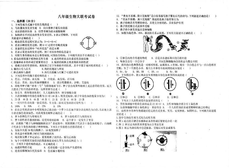 河南省南阳市淅川县2023-2024学年八年级上学期12月月考生物试题第1页