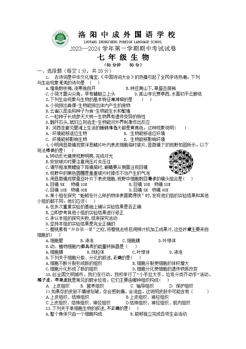 河南省洛阳偃师中成外国语学校2023-2024学年七年级上学期期中考试生物试题第1页