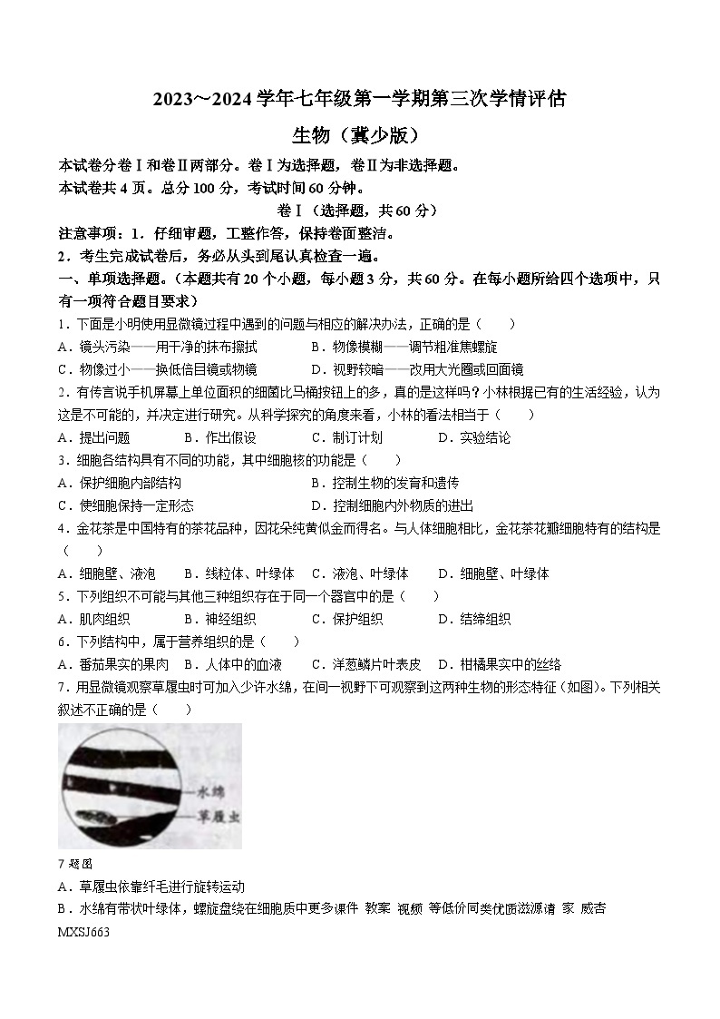 河北省张家口市张北县第三中学2023-2024学年七年级上学期12月月考生物试题(无答案)01