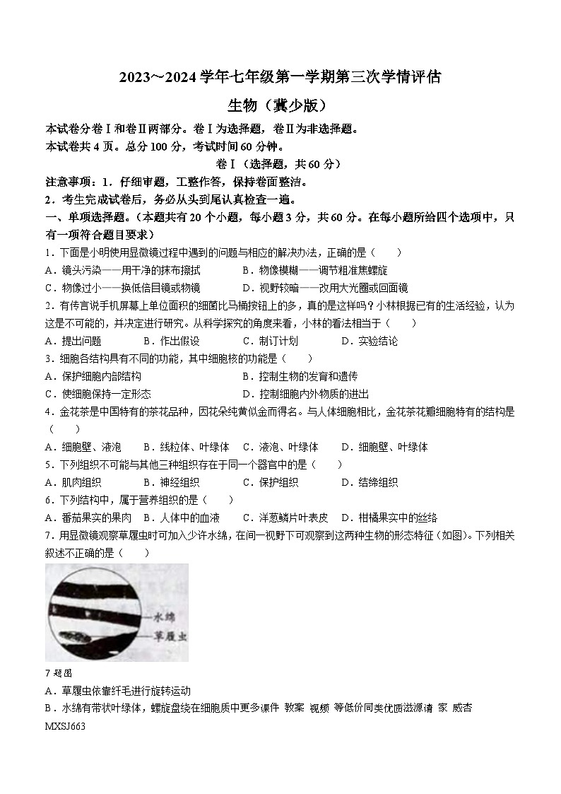 河北省张家口市张北县第三中学2023-2024学年七年级上学期12月月考生物试题(无答案)第1页
