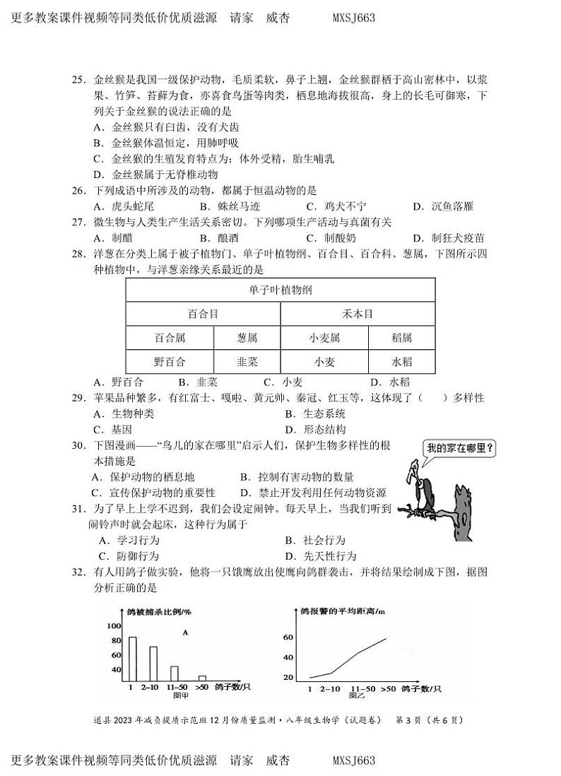 湖南省永州市道县2023-2024学年八年级上学期减负提质示范班12月份质量监测生物试题(1)第3页
