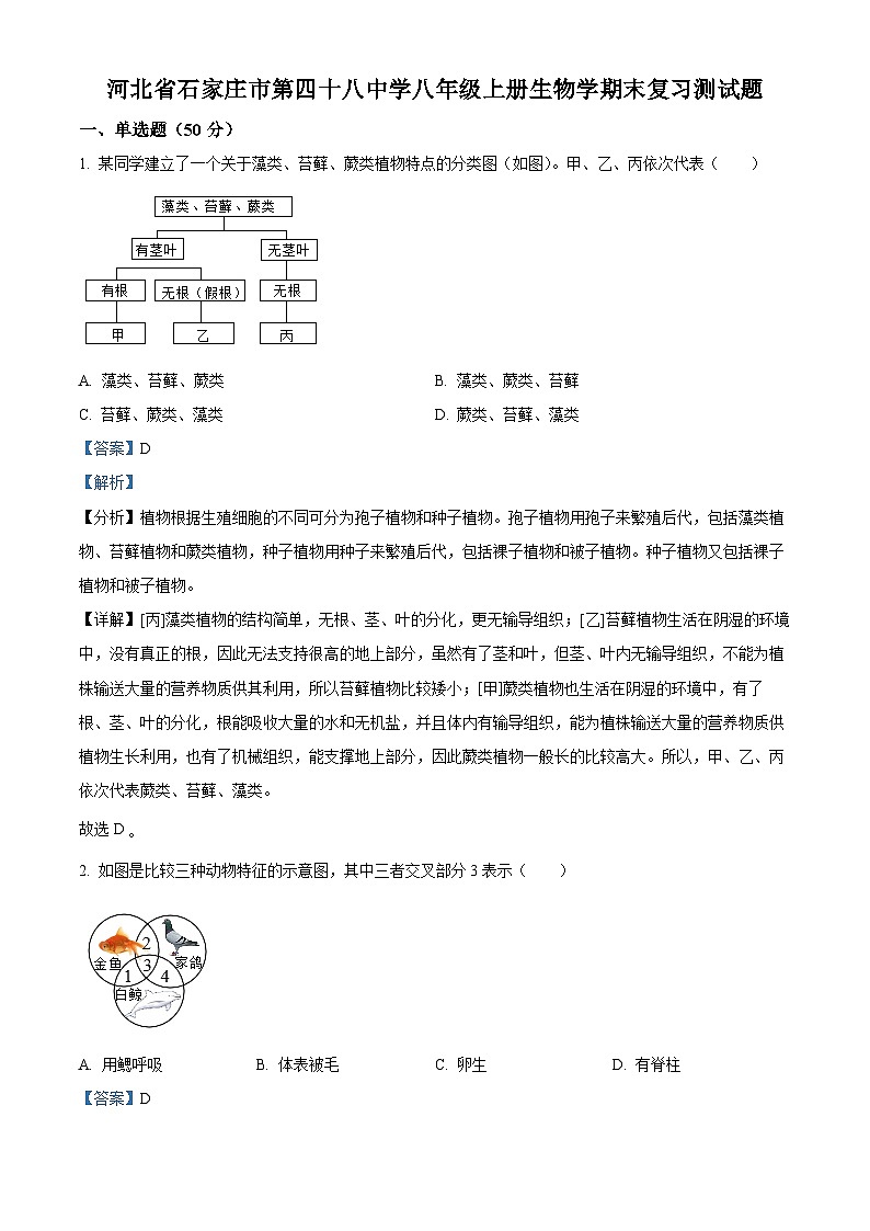 河北省石家庄市第四十八中学2023-2024学年八年级上学期期末复习测试生物试题01