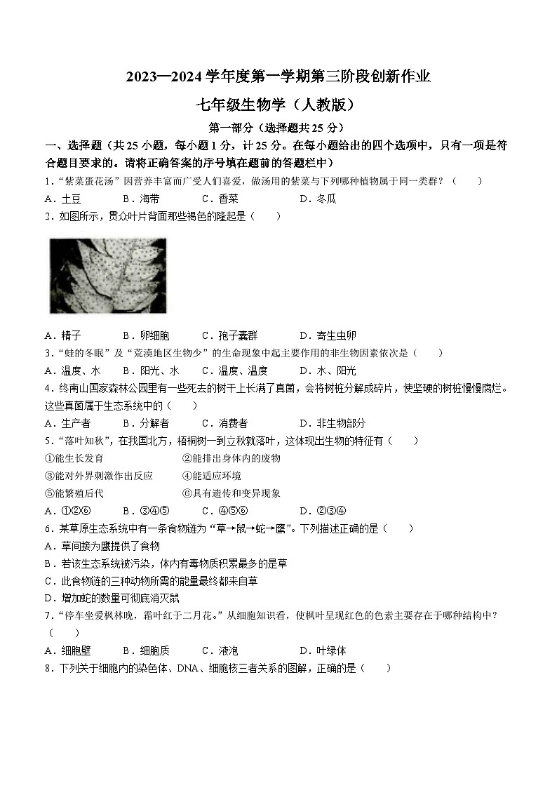 陕西省榆林市第十中学2023-2024学年七年级上学期12月月考生物试题(无答案)第1页