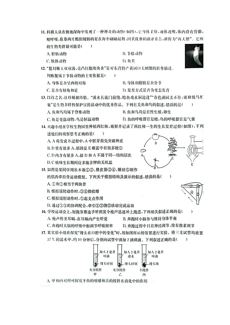 2023年山东省东营市生物中考真题03