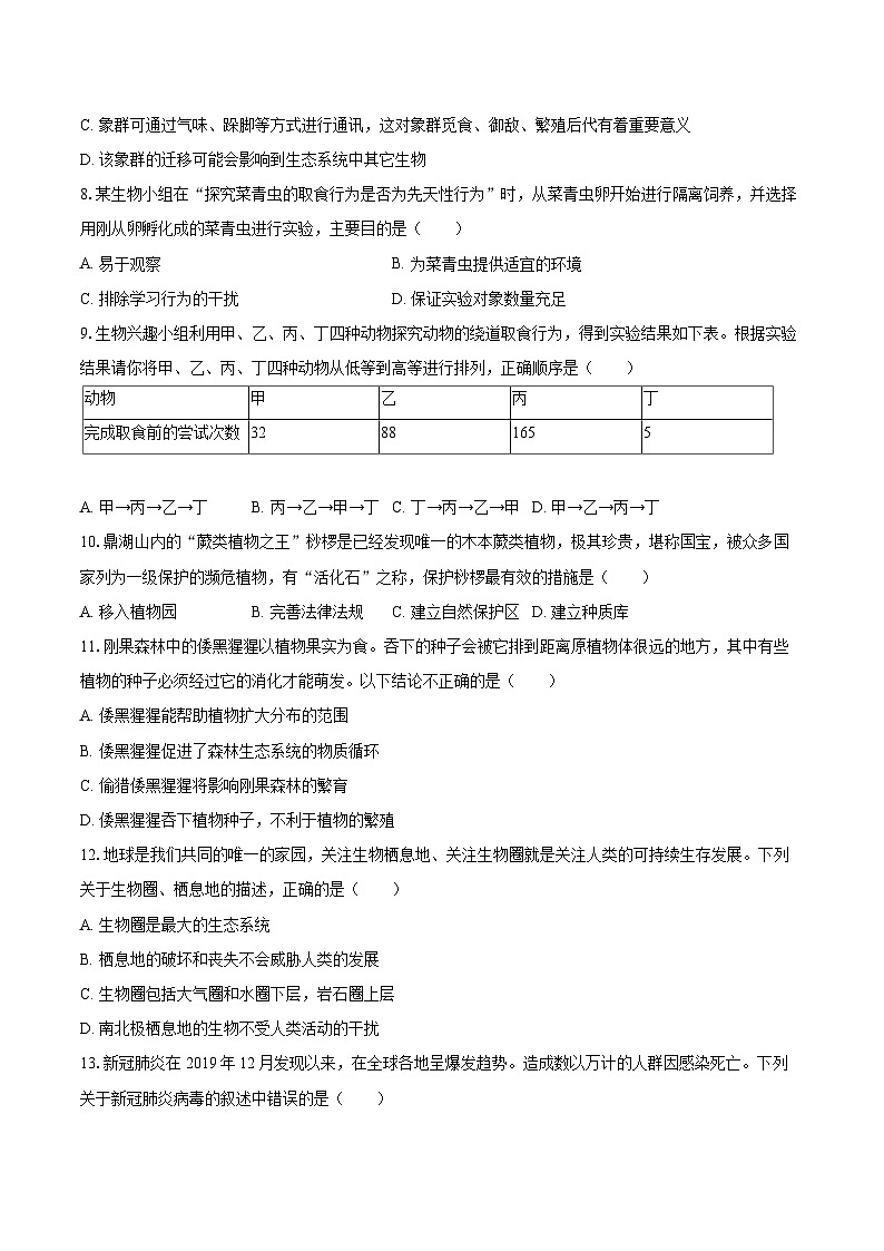 2022-2023学年广东省梅州市丰顺县八年级（上）期末生物试卷(含详细答案解析)第2页