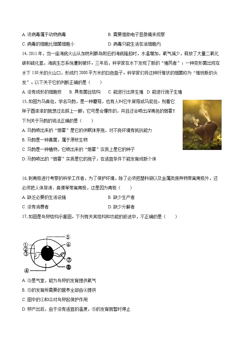 2022-2023学年广东省梅州市丰顺县八年级（上）期末生物试卷(含详细答案解析)第3页
