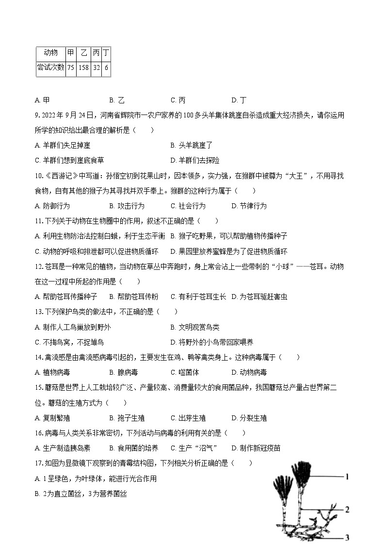 2022-2023学年广东省湛江市徐闻县八年级（上）期末生物试卷(含详细答案解析)02
