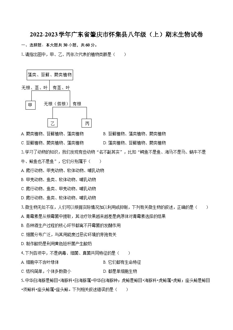 2022-2023学年广东省肇庆市怀集县八年级（上）期末生物试卷(含详细答案解析)第1页