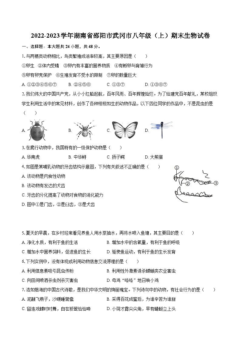 2022-2023学年湖南省邵阳市武冈市八年级（上）期末生物试卷(含详细答案解析)01