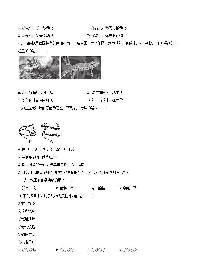 2022-2023学年湖南省株洲市芦淞区八年级（上）期末生物试卷(含详细答案解析)02
