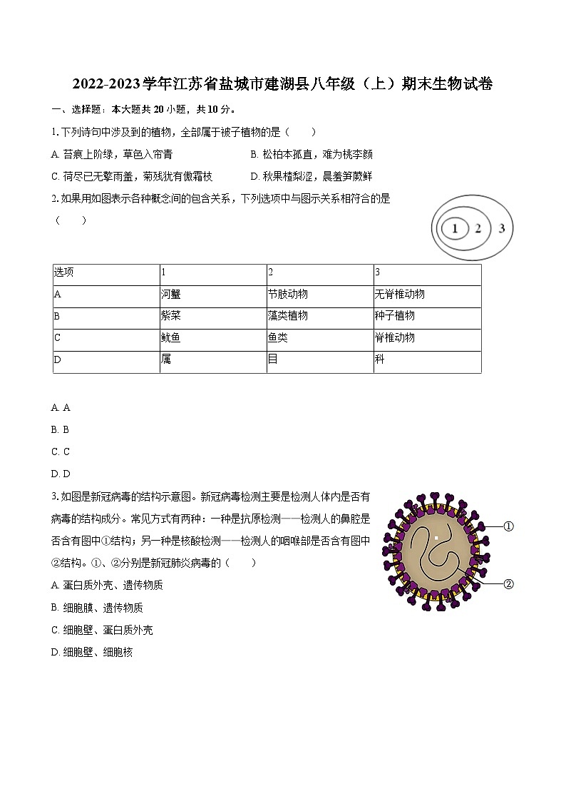 2022-2023学年江苏省盐城市建湖县八年级（上）期末生物试卷（含详细答案解析）01