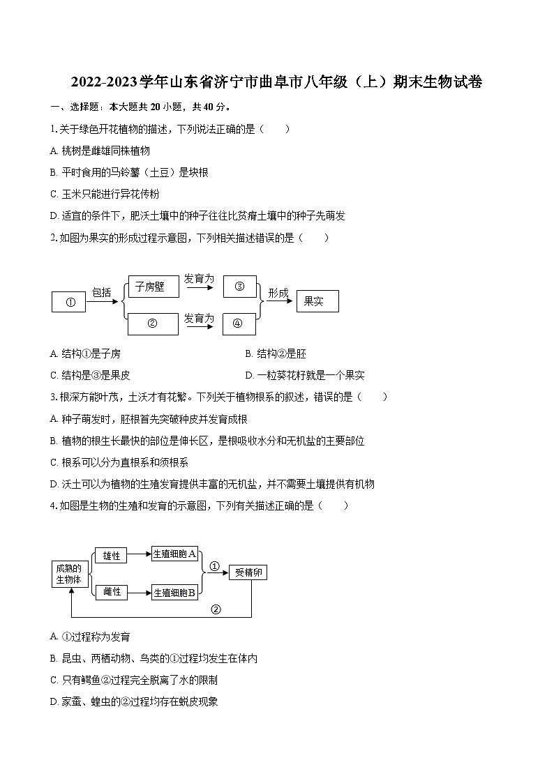 2022-2023学年山东省济宁市曲阜市八年级（上）期末生物试卷(含详细答案解析)01